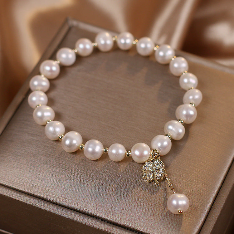 Natural Freshwater Pearl Bracelet Light Luxury Four-leaf Clover Simple Hand Jewelry Pi-Mart