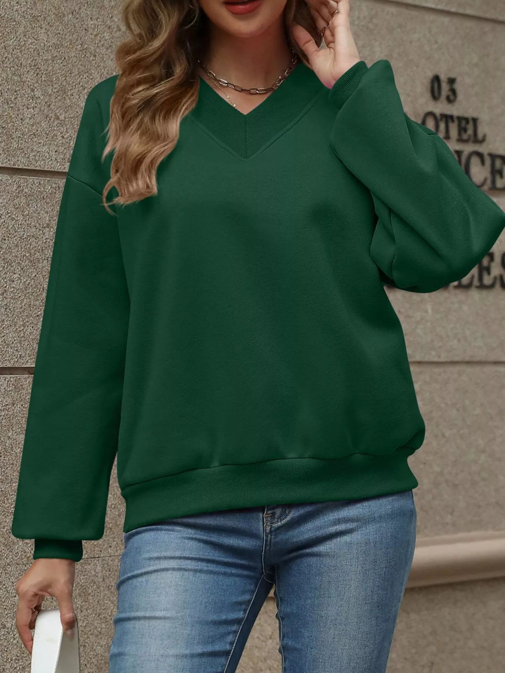 V-Neck Solid Color Casual Sweatshirt THRIXINE