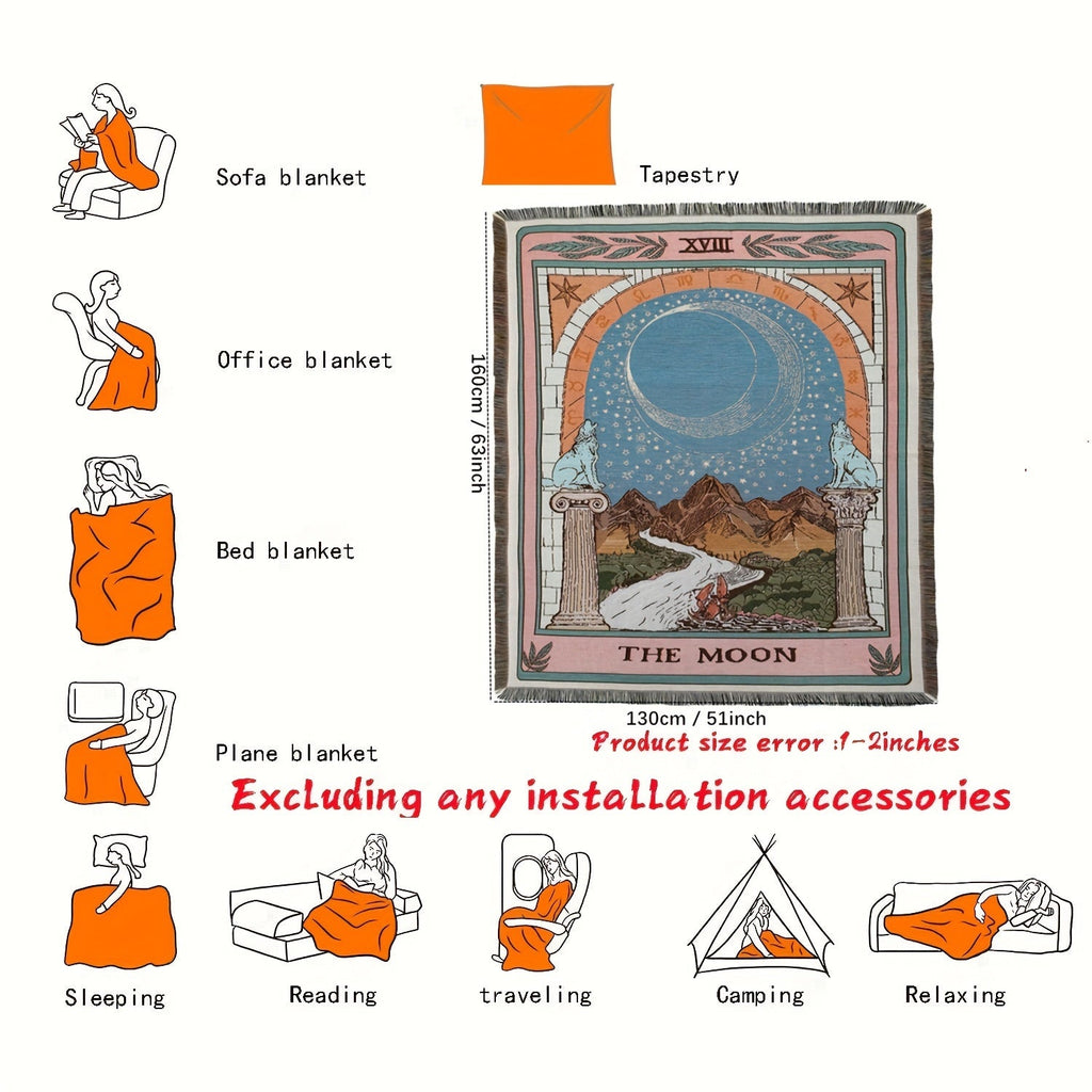 1pc Bohemian Knitted Tassel Blanket - Polyester Blend, Machine Washable, Square, Stain Resistant, Lightweight, Versatile for Indoor, Outdoor, Camping - The Moon Design Rug Lootquake LLC
