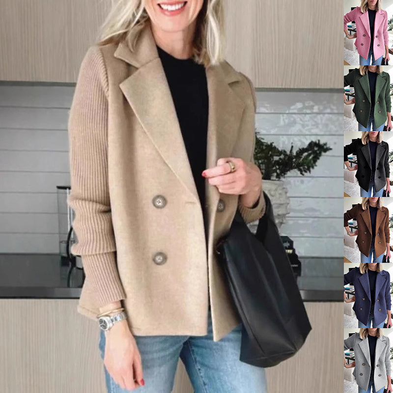 Double Breasted Lapel Jacket Fashion Knitted Sleeves Splicing Design Coat Outerwear Women's Clothing Pi-Mart