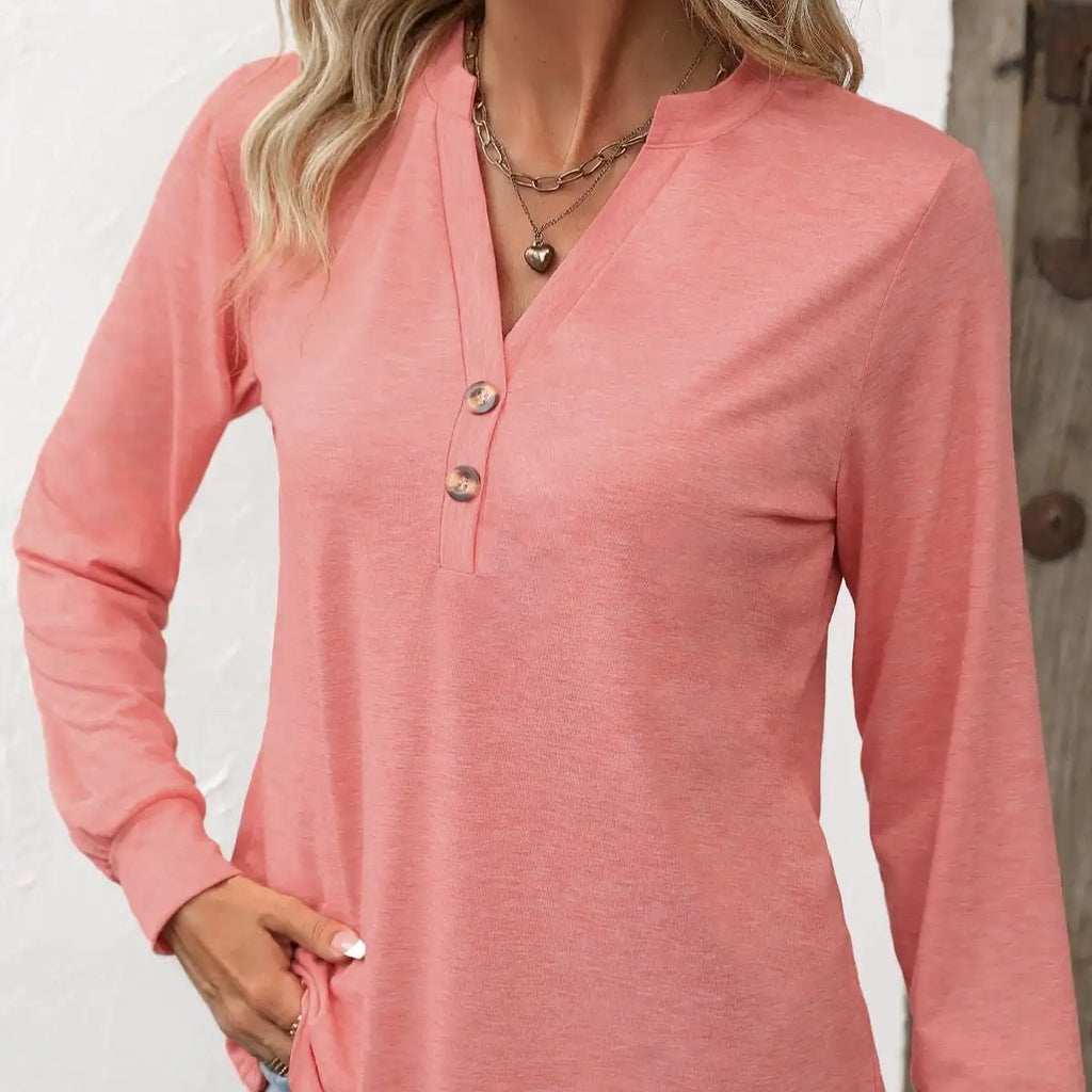 Ladies' Fashion New Button Peach Red Open Neck T-shirt Casual Top - SJB-DIAMOND ELITES