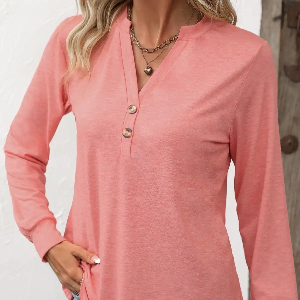 Ladies' Fashion New Button Peach Red Open Neck T-shirt Casual Top - SJB-DIAMOND ELITES