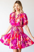 Floral Short Sleeve Smocked Mini Dress – Floral Mini Dress, Smocked Dress, Short Sleeve Floral Dress, Ruched Waist Dress, Summer Mini Dress, Romantic Floral Dress, Chic Floral Dress