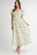 Polka Dot Puff Sleeve Midi Dress For Women – Vintage Fluttering Polka Dot Dress, Feminine Puff Sleeve Dress, Retro Midi Dress, Classic Chic Dress