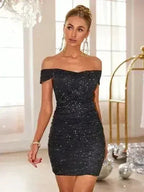 Glitter Ruched Off-Shoulder Mini Dress