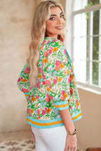 Green Floral Print Striped Trim Puff Sleeve Babydoll Blouse