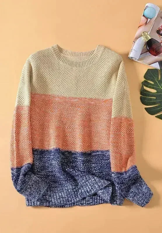 Color Block Round Neck Long Sleeve Sweater - SJB-DIAMOND ELITES