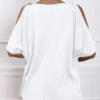 Ladies' Solid Color Cold Shoulder Hanging Neck O-ring Detail T-shirt