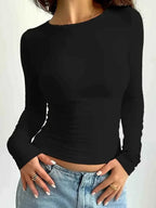 Solid Color Round Neck Long Sleeve T-Shirt THRIXINE