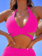 Coastal Curve Halter Bikini Set for Women – V-Neck Crisscross Drawstring Swimsuit with Chic Ring Detail & High-Waisted Boxer Shorts for Summer – Sleek Two-Piece Nylon Swimwear for Women’s Beach & Poolside Style