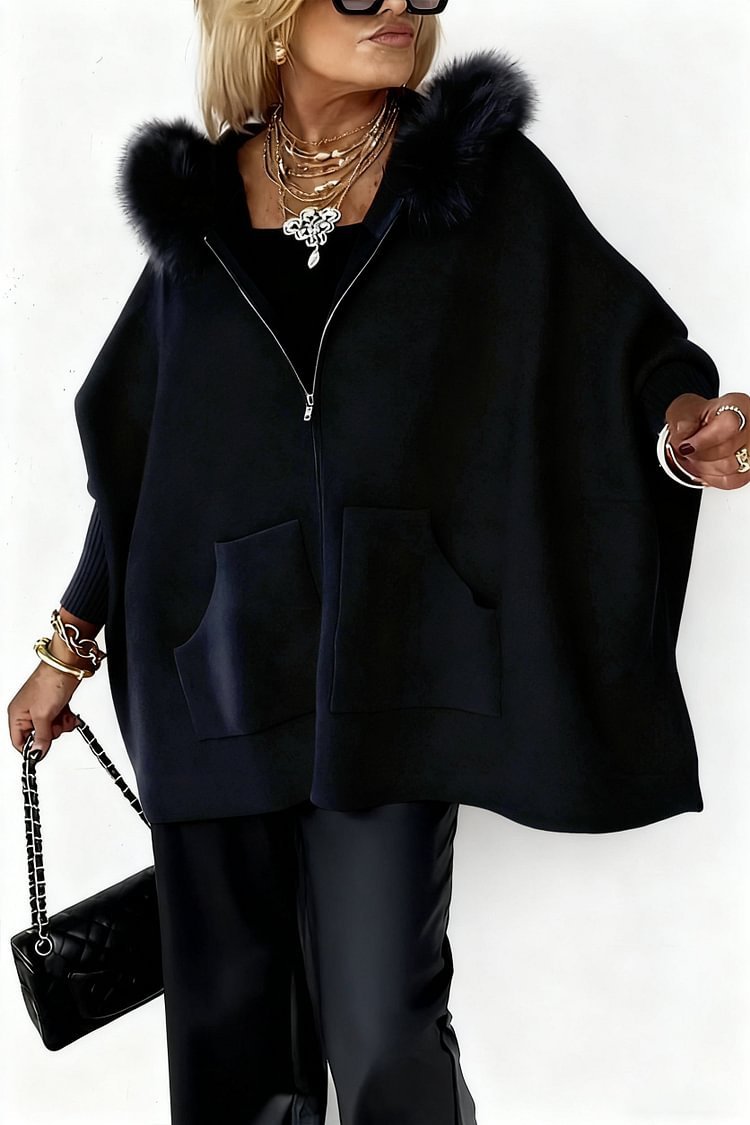 Women's Plush Hooded Cardigan - Batwing Sleeve Zip Up Knitted Jacket with Pockets
