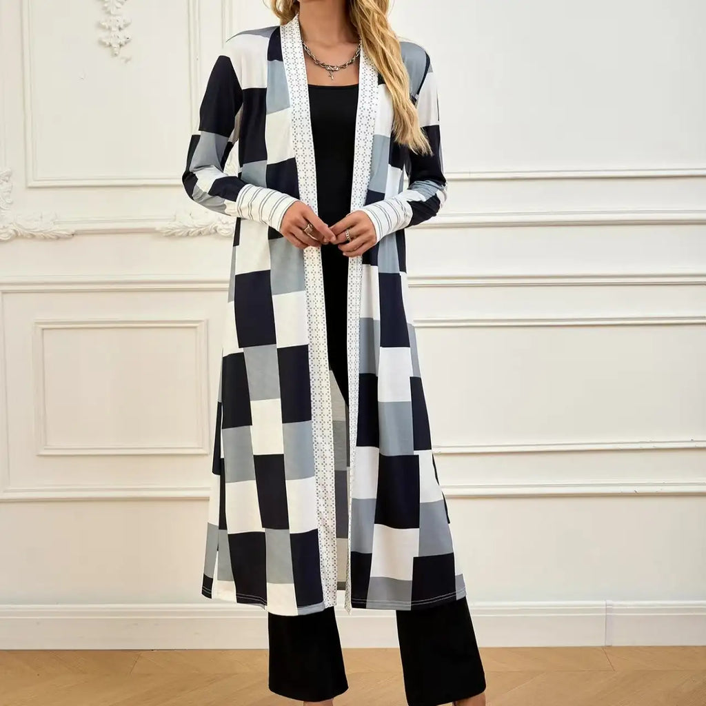 Women's Jacket Color Block Long Outer Sleeve Cardigan Casual Coat Open Front Coat Black - SJB-DIAMOND ELITES