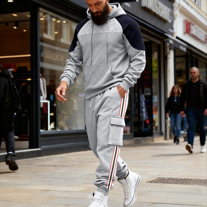 Loose Color-block Textured Hoodie And Sweatpants Casual Set