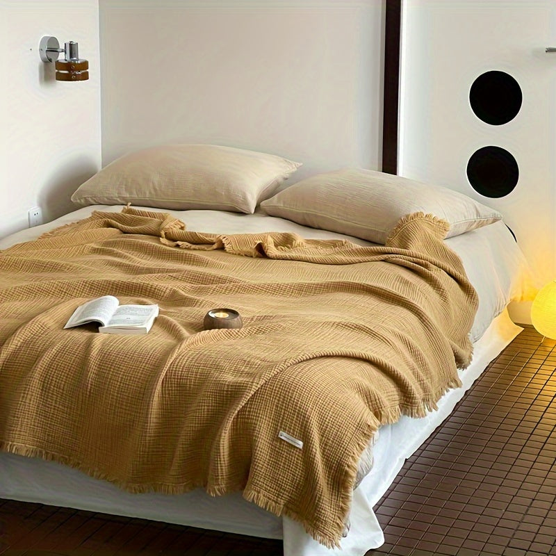 1pc Cotton Crinkle Tassel Blanket Solid Color Nap Blanket Leisure Travel Sofa Bed Blanket