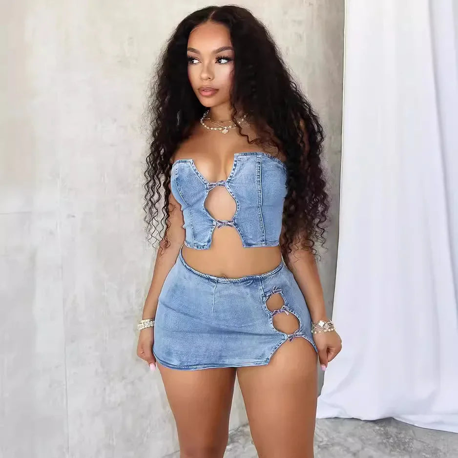 Sexy Denim Strapless Top Sleeveless Hollow Out Two Piece Sets Women Crop Tops Mini Skirt Cowboy Outfits Streetwear Skirts Suits Purplish Diva