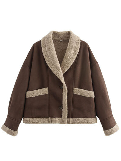 Fuzzy Collared Neck Long Sleeve Jacket with Buttoned Closure and Cozy Pockets Stevvex