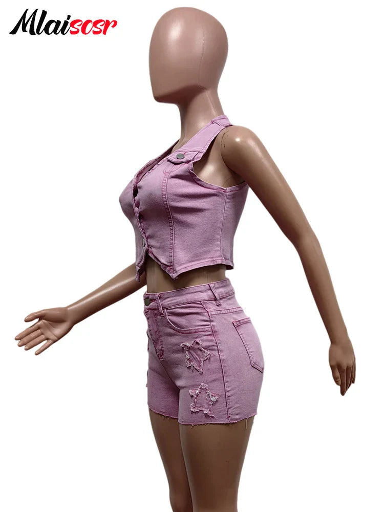 Mlaiscsr Pink Stretch Denim Sexy 2 Piece Club Outfit Women Sets V-Neck Vest Crop Tops and Embroidered Shorts Suit Y2k Streetwear Purplish Diva