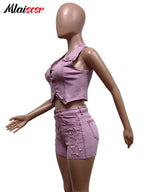 Mlaiscsr Pink Stretch Denim Sexy 2 Piece Club Outfit Women Sets V-Neck Vest Crop Tops and Embroidered Shorts Suit Y2k Streetwear Purplish Diva