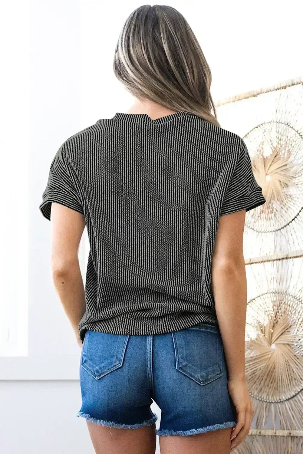 Pink Corded Colorblock Pocket Crew Neck T Shirt