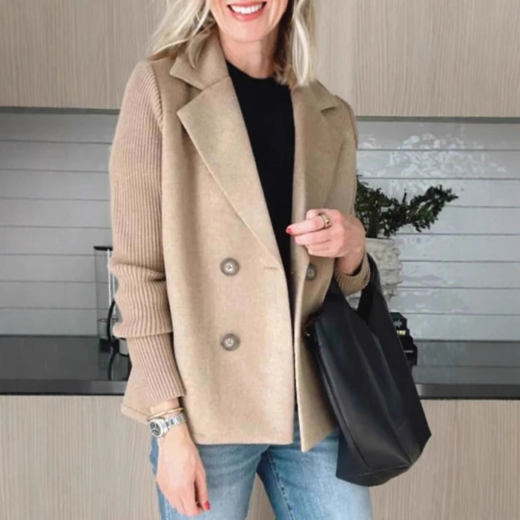 Double Breasted Lapel Jacket Fashion Knitted Sleeves Splicing Design Coat Outerwear Women's Clothing Pi-Mart