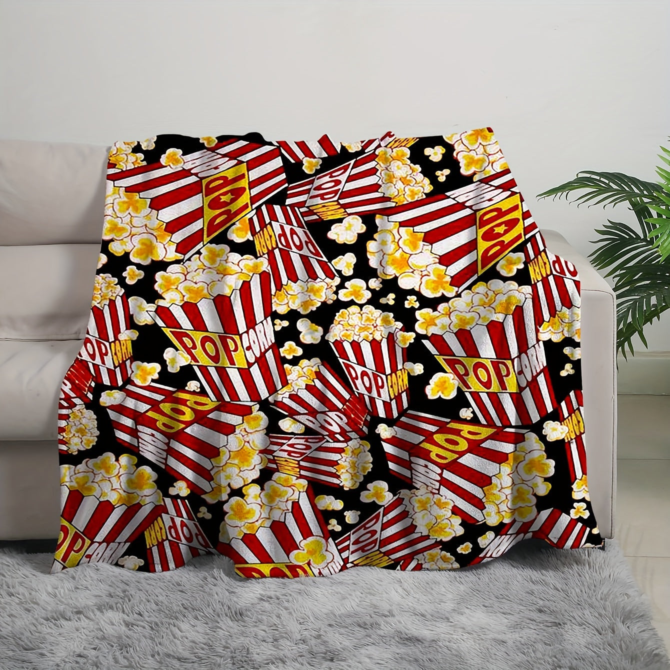 1pc Cozy Cinema Popcorn Blanket - Soft Breathable Flannel Plush, Retro Food Print Design, Suitable for Bed, Sofa, Office, Camping, and Outdoor Use - Machine Washable, Lightweight, and Warm Lootquake LLC
