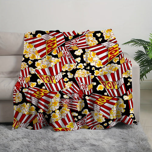 1pc Cozy Cinema Popcorn Blanket - Soft Breathable Flannel Plush, Retro Food Print Design, Suitable for Bed, Sofa, Office, Camping, and Outdoor Use - Machine Washable, Lightweight, and Warm Lootquake LLC