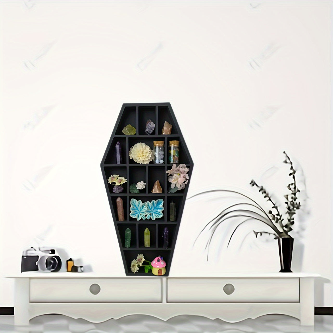 1pc Gothic Coffin Shape Storage Rack, Wooden Wall Mounted Storage Rack, Crystal Stone Storage Display Rack, Scented Candle Crystal Stone Organizer Display Holder, Wall Decor, Home Decor, Box,Cabinet,Rack for Outdoor Storage Lootquake LLC
