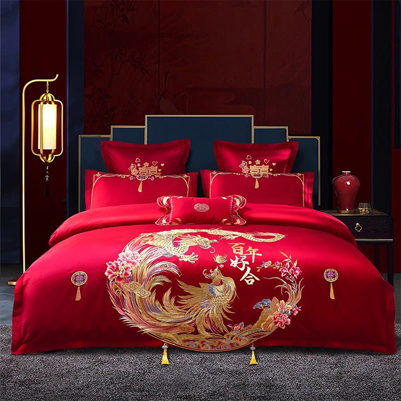 Red Wedding Four-piece Set Wholesale Cotton Wedding Embroidery Bedding Pure Cotton Marriage Bed Xi Quilt Cover Dragon And Phoenix Pi-Mart