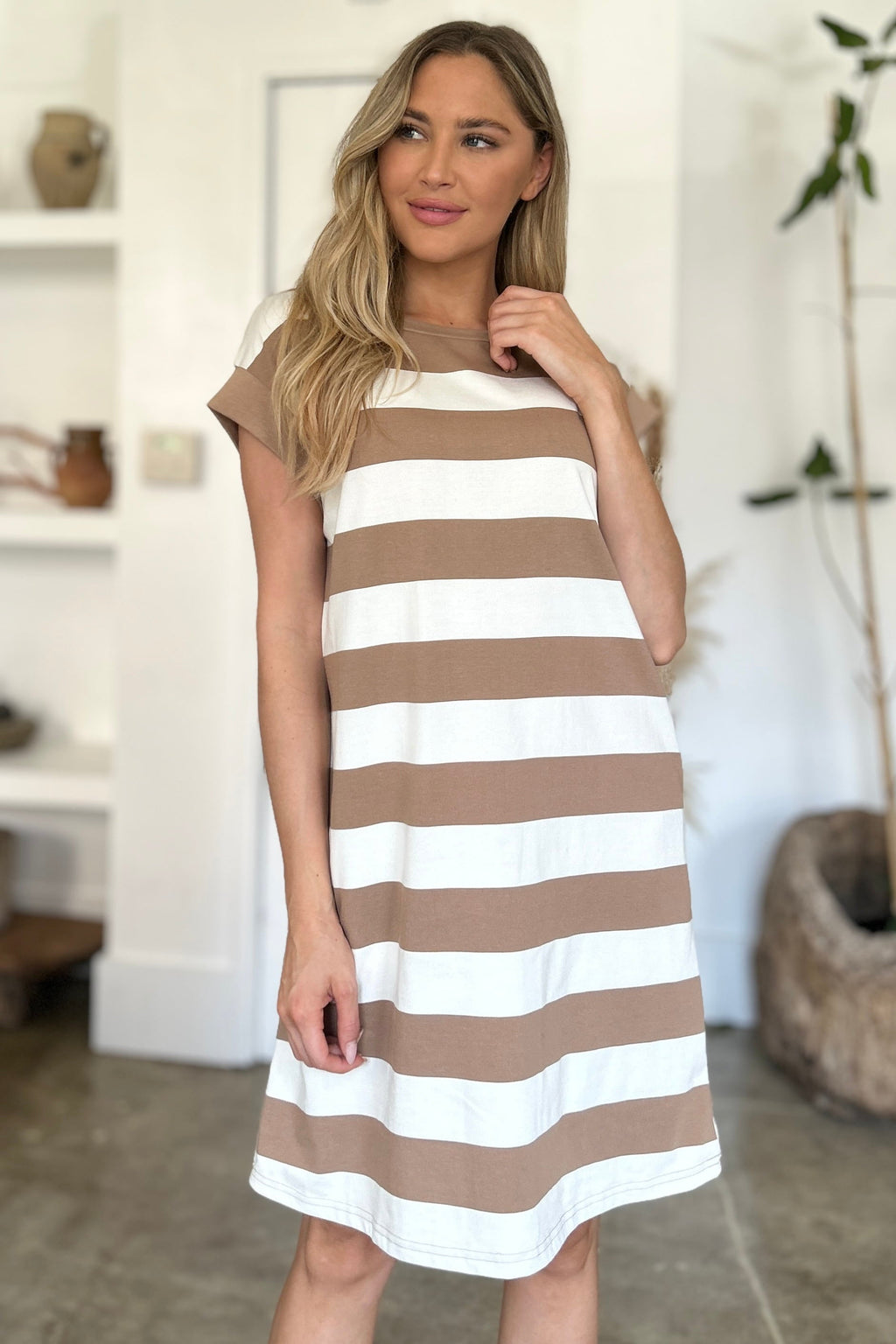 Full Size Striped Round Neck Cap Sleeve Mini Dress For Women – Striped Mini Dress, Full-Size Round Neck Dress, Comfortable Cap Sleeve Dress, Chic Striped Dress, Flattering Mini Dress, Casual Everyday Dress, Versatile Striped Dress Stevvex
