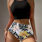 Island Bloom High Waist Bikini Set for Summer – Colorblock Tropical Print Two-Piece Swimsuit with Round Neckline Ultra-Stretch Fit & Applique Detail – Stylish and Comfortable Women’s Swimwear for Pool Beach & Summer Escapes Stevvex
