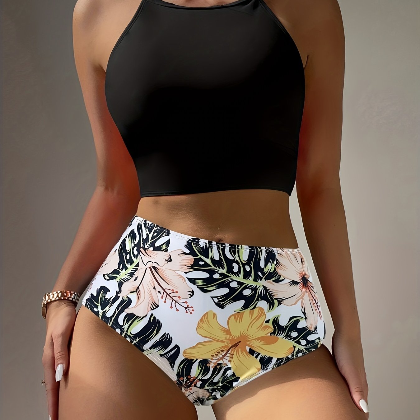 Island Bloom High Waist Bikini Set for Summer – Colorblock Tropical Print Two-Piece Swimsuit with Round Neckline Ultra-Stretch Fit & Applique Detail – Stylish and Comfortable Women’s Swimwear for Pool Beach & Summer Escapes Stevvex