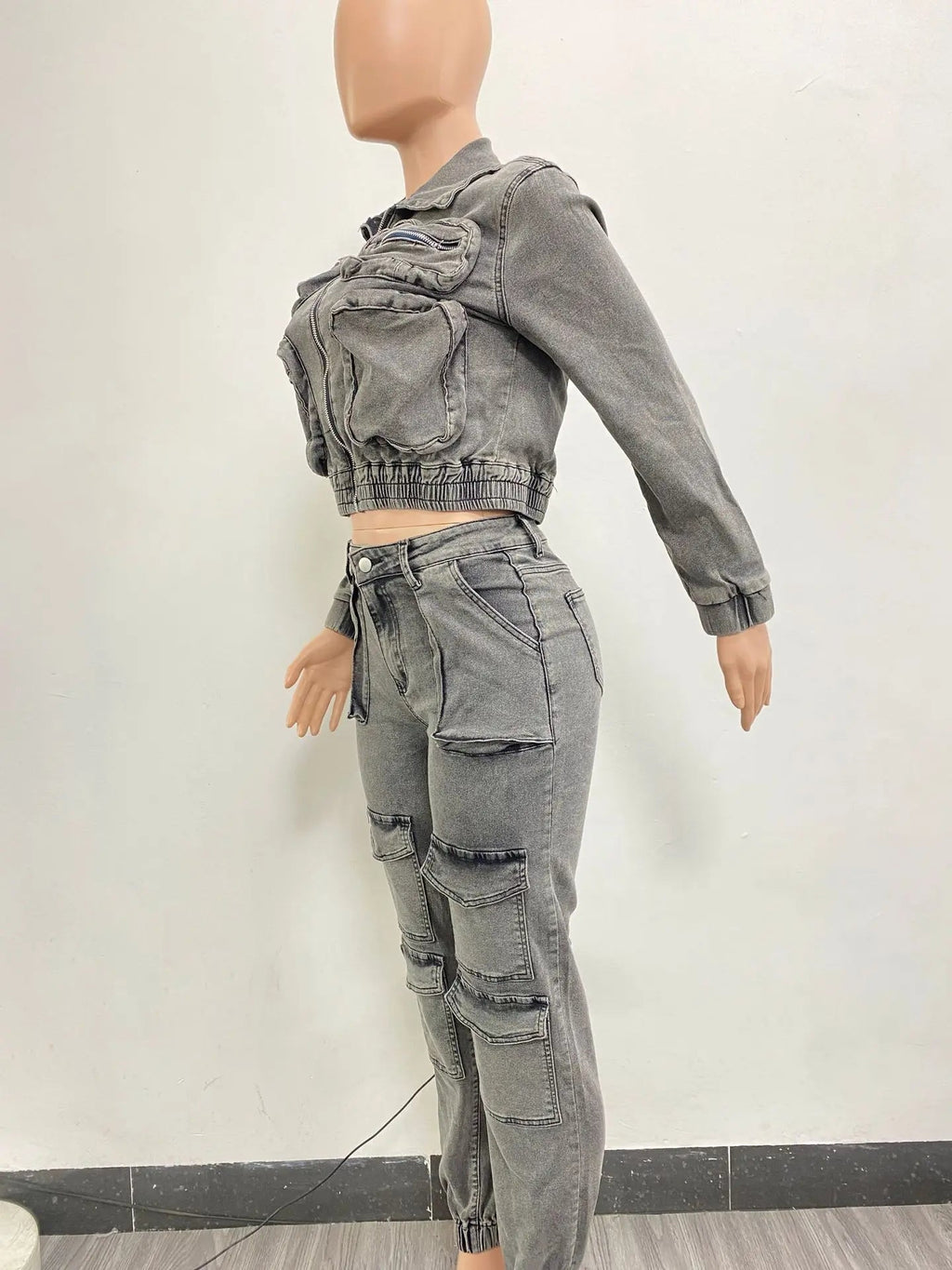 Pant Sets Long Sleeve Women Tracksuit Zipper Denim Coat Cargo Ankle Length Pants Pockets High Street Spliced Slim 2024 Purplish Diva