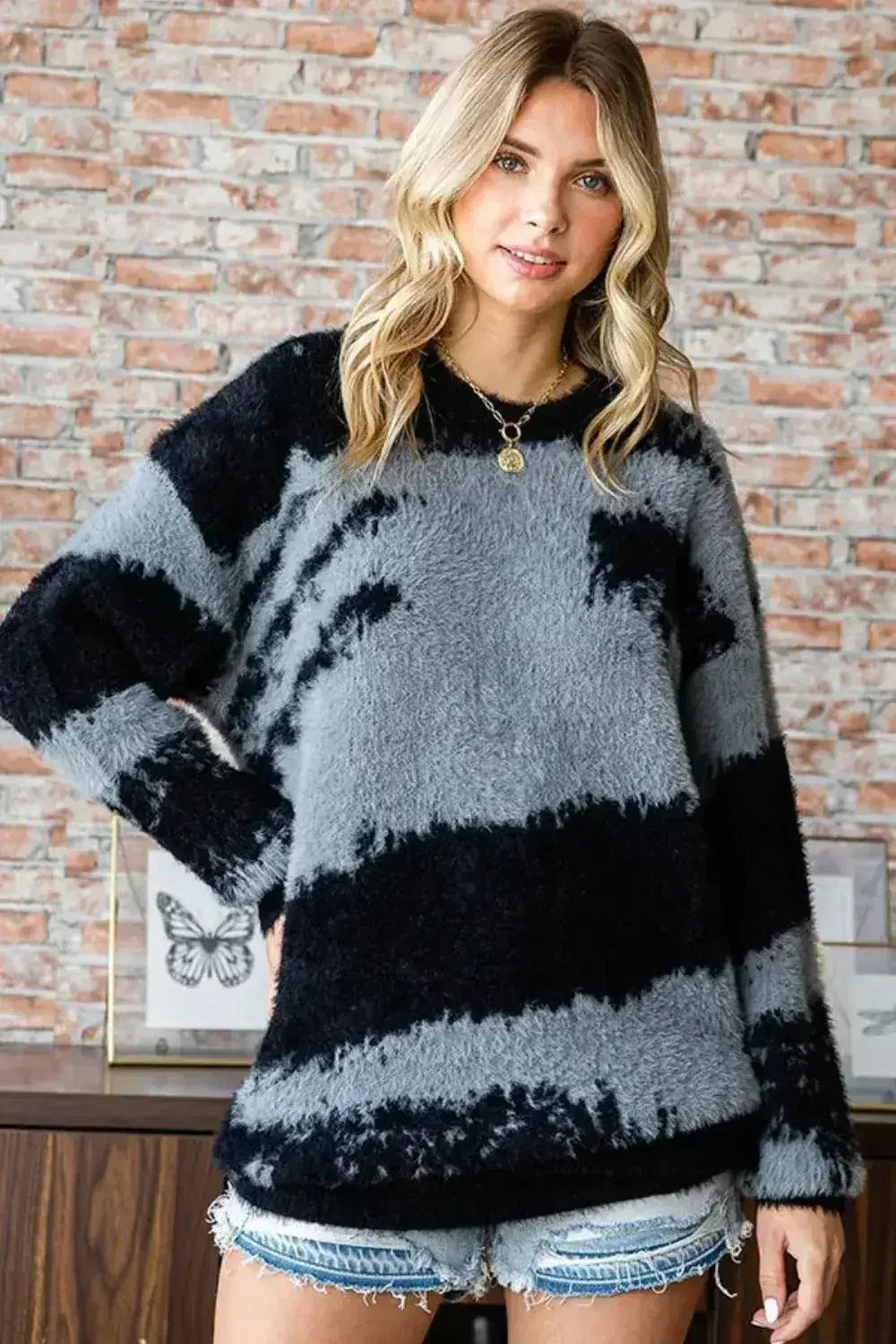First Love Full Size Abstract Pattern Contrast Feather Yarn Sweater - SJB-DIAMOND ELITES