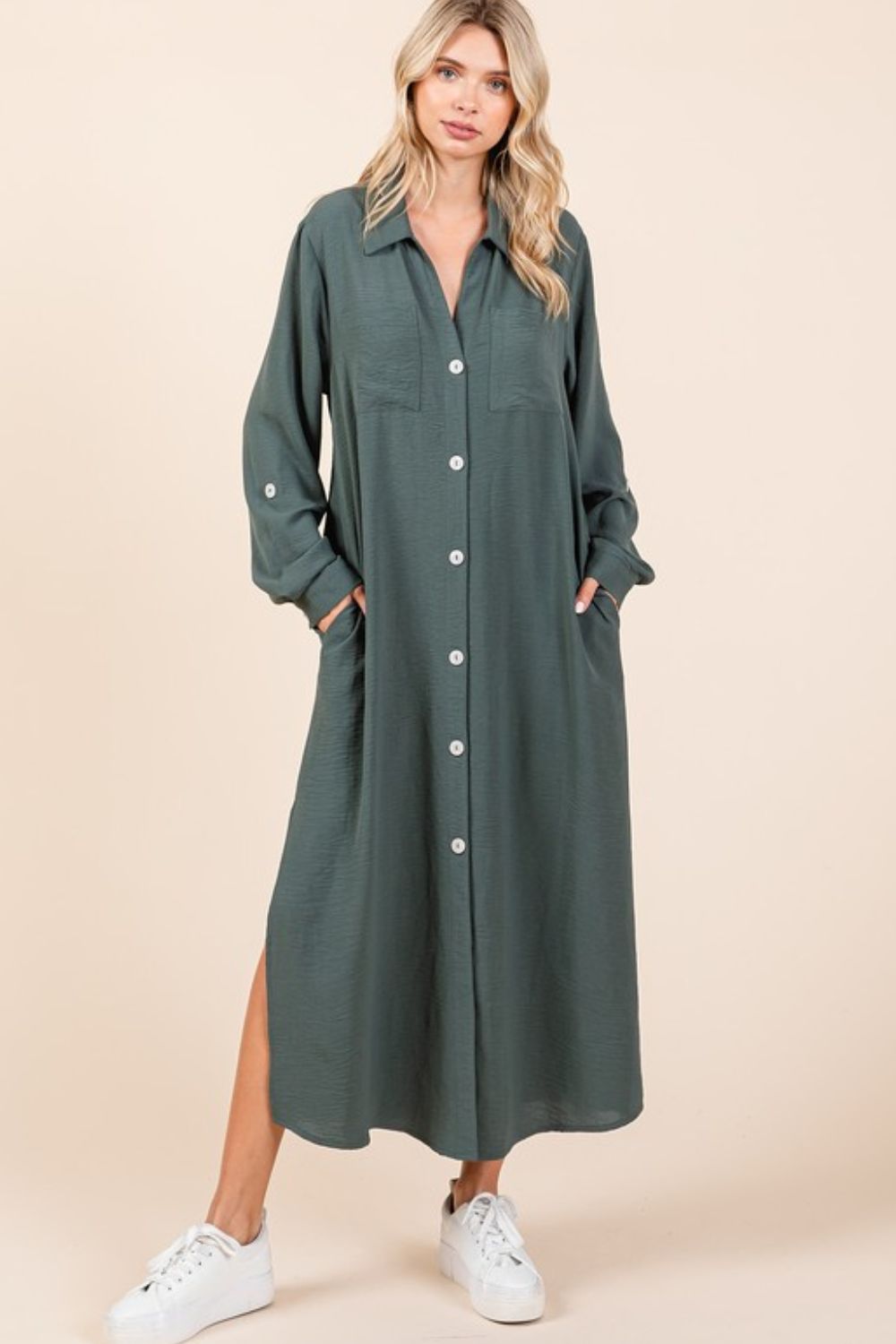 Airflow V-Neck Long Sleeve Button Down Maxi Dress For Women, Casual, Elegant and Versatile Maxi Dress with Button Detail and Slit for Effortless Style Stevvex