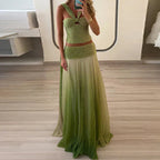 Sexy Strapless Top with Long Skirt Women's Suits Fashion Backless Pleated Club Outfit Gradient Green Hollow Slim Two Piece Sets Purplish Diva