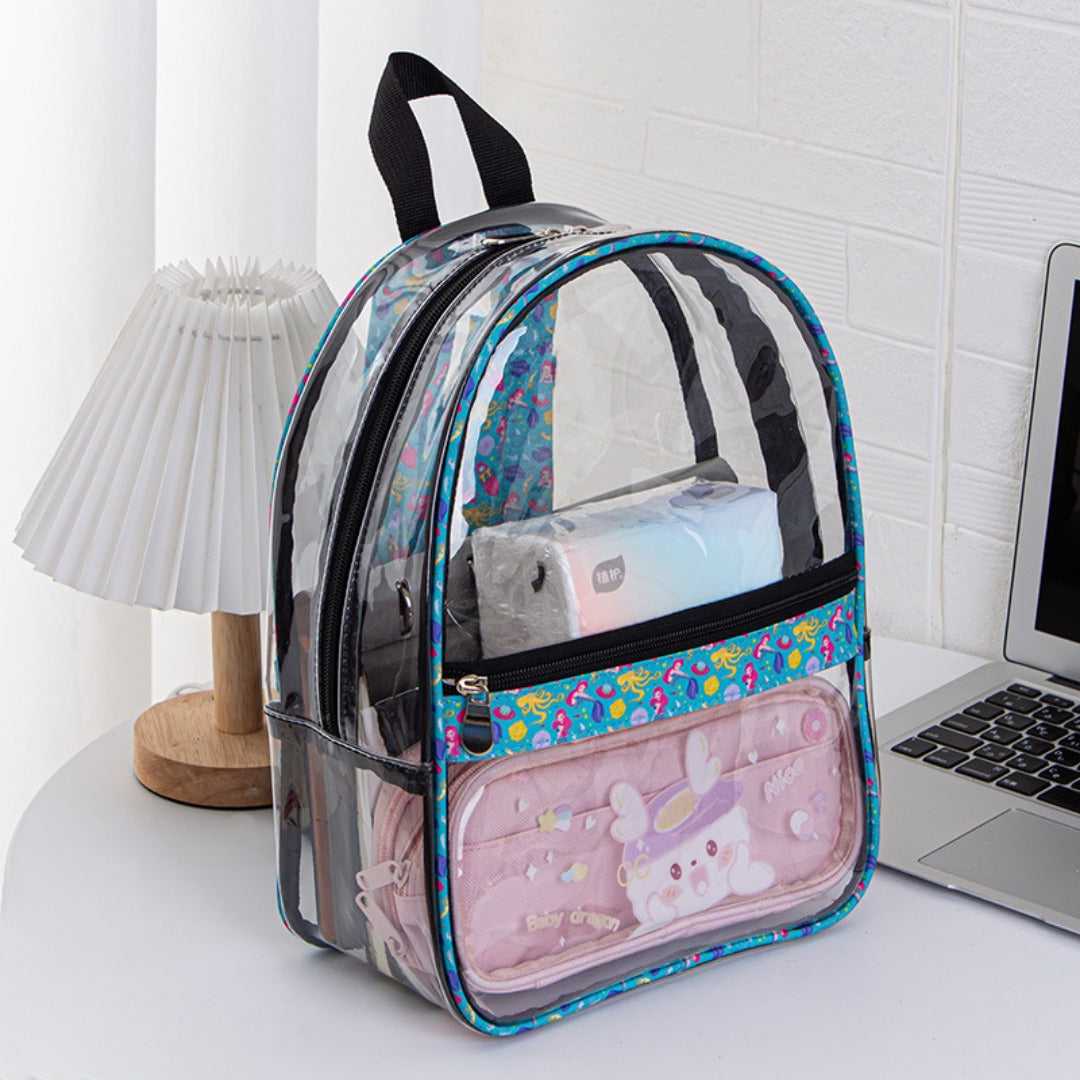 PVC transparent waterproof backpack, smiley face beauty printing student backpack, book storage shoulder travel bag - SJB-DIAMOND ELITES