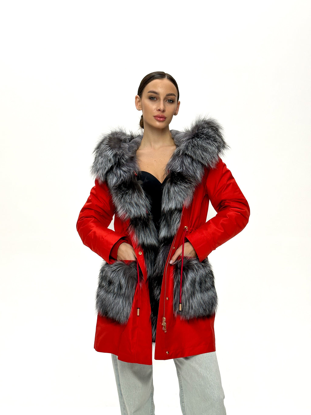 Roma Genuine Silver Fox Fur Rabbit Fur Insulated Parka in Red Alaska® Outerwear Company