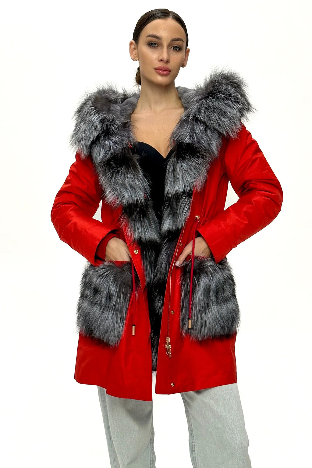 Roma Genuine Silver Fox Fur Rabbit Fur Insulated Parka in Red Alaska® Outerwear Company