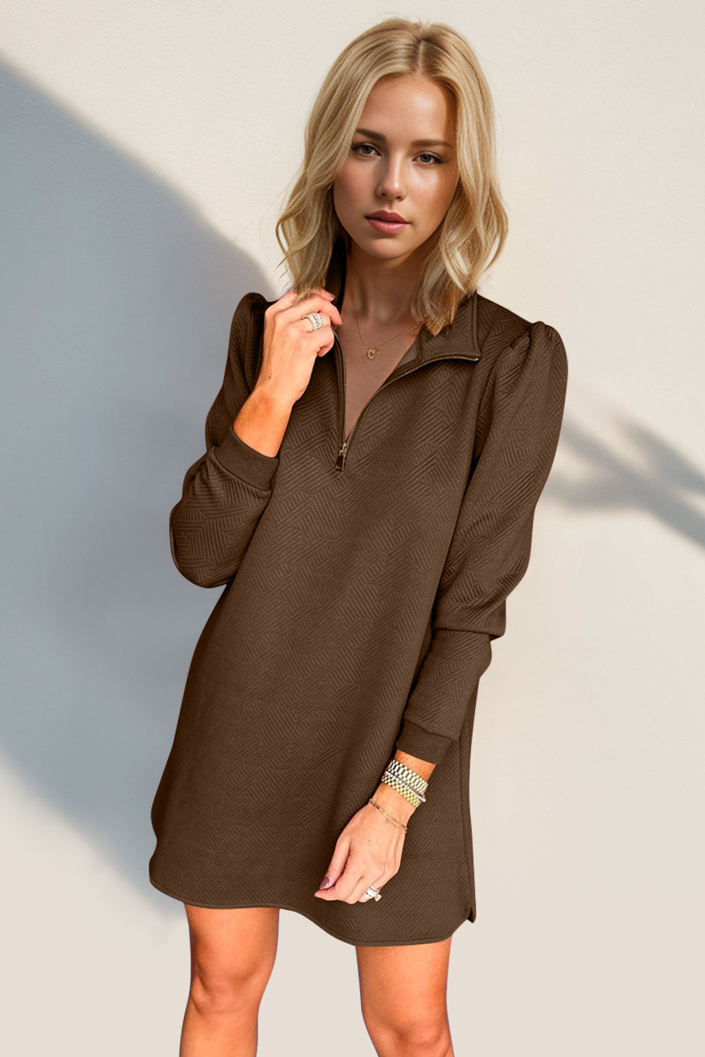 Double Take Textured Zip Long Sleeve Dress Classic Zip-Up Dress for Women Comfortable Outdoor Dress Stevvex