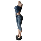 Fashion Sexy Lace-up Crop Jean Tube Top Women's Club Party Elastic Skinny Cropped Jeans Streetwear Two Piece Sets Purplish Diva