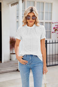 New Fashion Lacework Round Neck Top Summer Puff Sleeves Hollow Design Loose Pleated T-shirt For Womens Clothing Pi-Mart