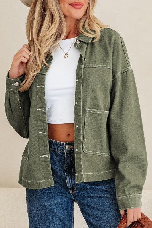 Denim Button-Up Patch Pocket Collared Jacket THRIXINE