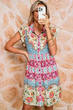 Rose Floral Ethnic Print Ruffle Mini Dress