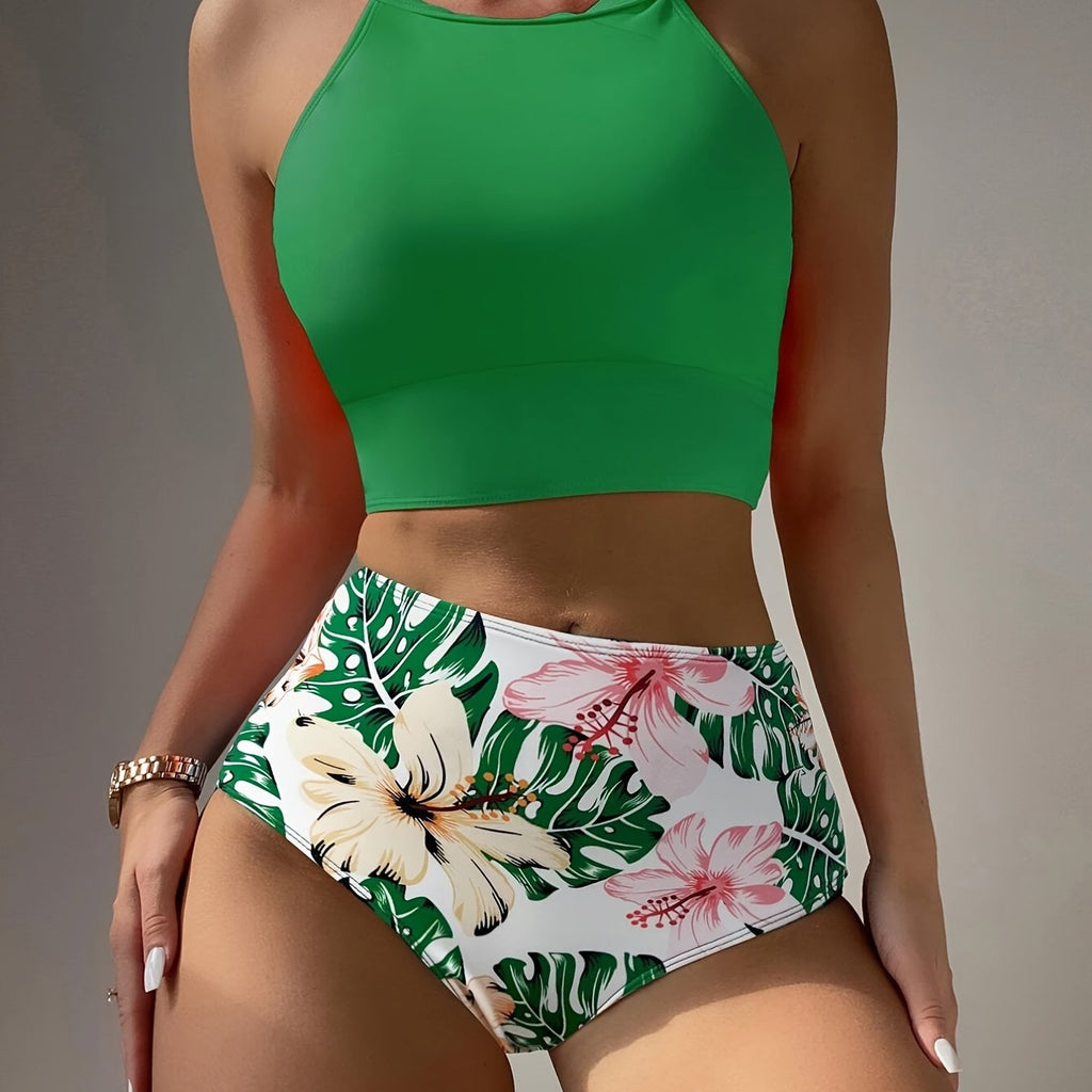 Island Bloom High Waist Bikini Set for Summer – Colorblock Tropical Print Two-Piece Swimsuit with Round Neckline Ultra-Stretch Fit & Applique Detail – Stylish and Comfortable Women’s Swimwear for Pool Beach & Summer Escapes Stevvex