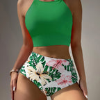 Island Bloom High Waist Bikini Set for Summer – Colorblock Tropical Print Two-Piece Swimsuit with Round Neckline Ultra-Stretch Fit & Applique Detail – Stylish and Comfortable Women’s Swimwear for Pool Beach & Summer Escapes Stevvex