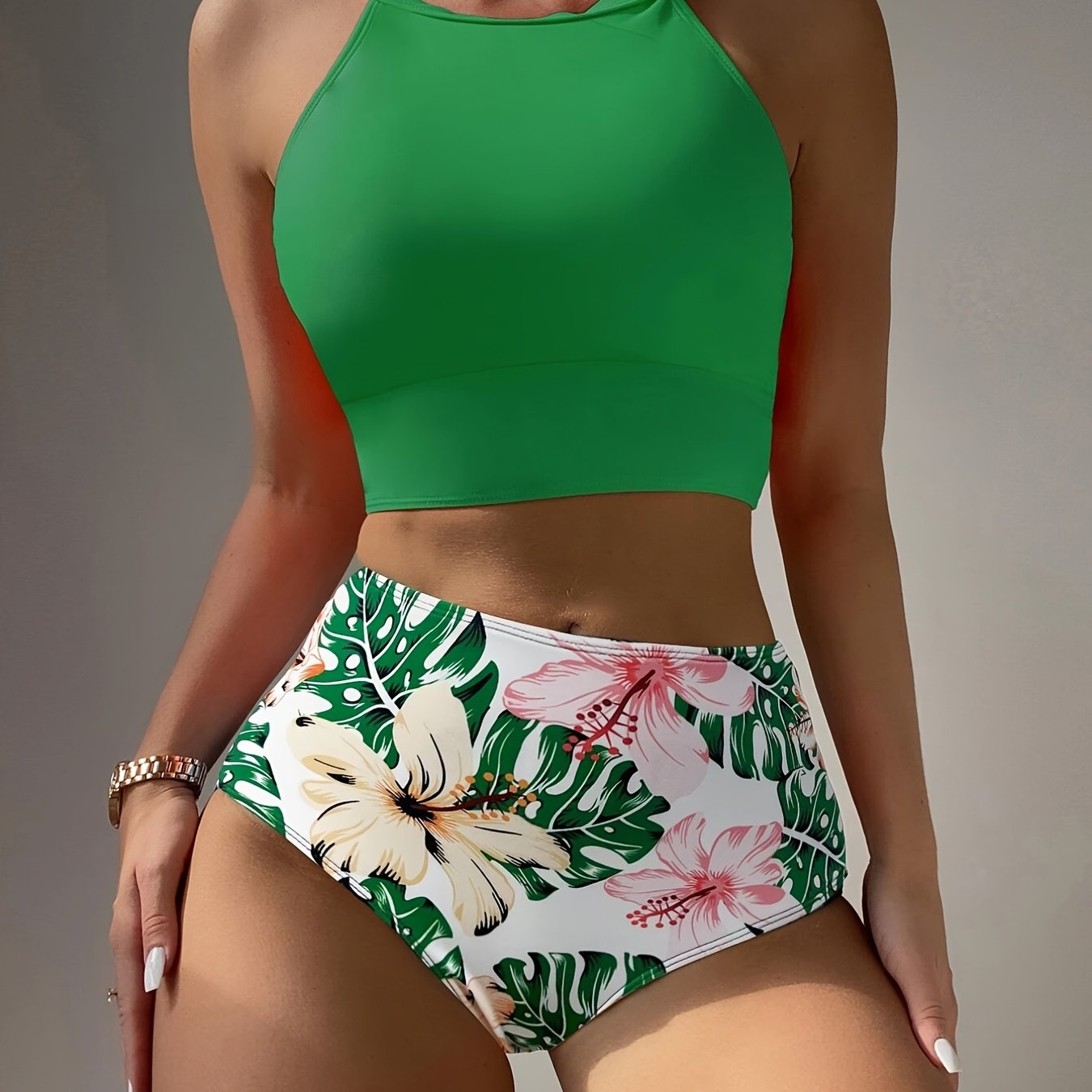 Island Bloom High Waist Bikini Set for Summer – Colorblock Tropical Print Two-Piece Swimsuit with Round Neckline Ultra-Stretch Fit & Applique Detail – Stylish and Comfortable Women’s Swimwear for Pool Beach & Summer Escapes Stevvex