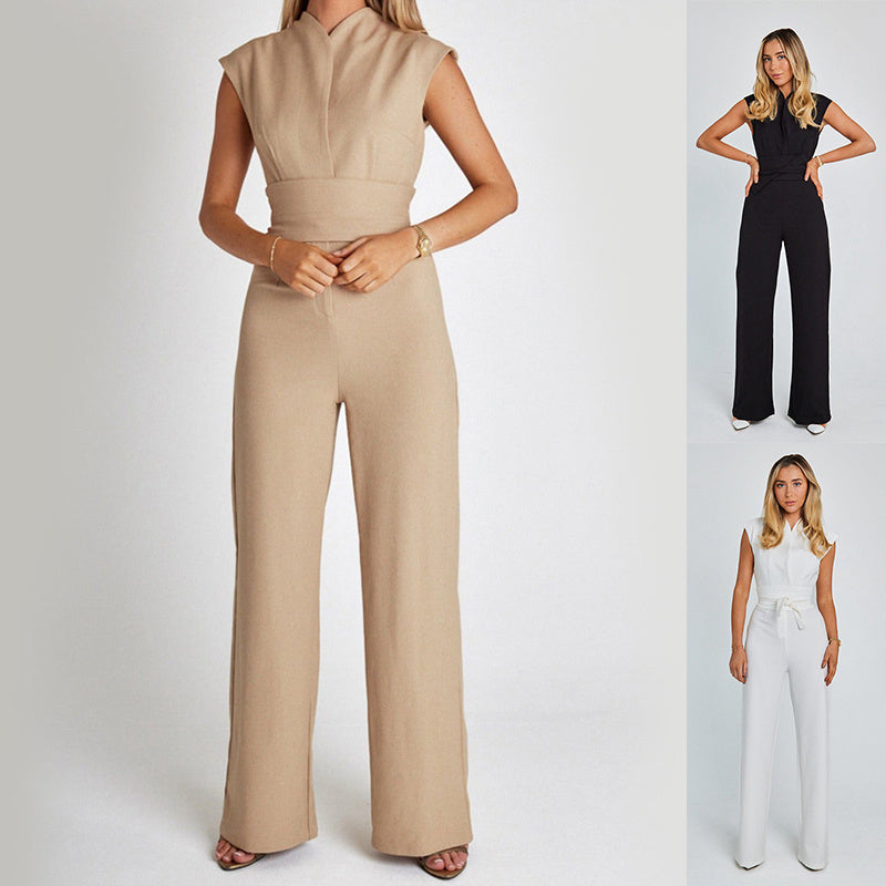 Fashion Elegant Long Sleeveless Jumpsuit Summer V-neck Casual Wide Leg Long Overalls Clothing For Women Pi-Mart