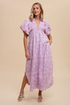 Romantic Floral Detail Puff Sleeve Dress Feminine Elegant Dress for Women Long Dress For Summer