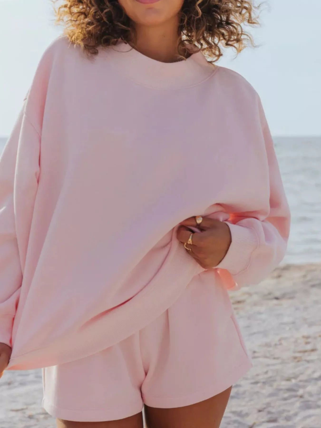 Relaxed Fit Round Neck Sweatshirt and Shorts Set THRIXINE