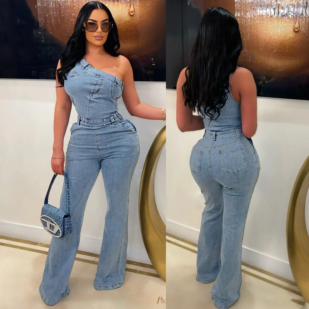 Demin Overalls Women Jumpsuits One Shoulder Mom Jeans Bodycon Long Pants Flare Pant High Waist Streetwear Y2k Slim Fit Rompers Purplish Diva
